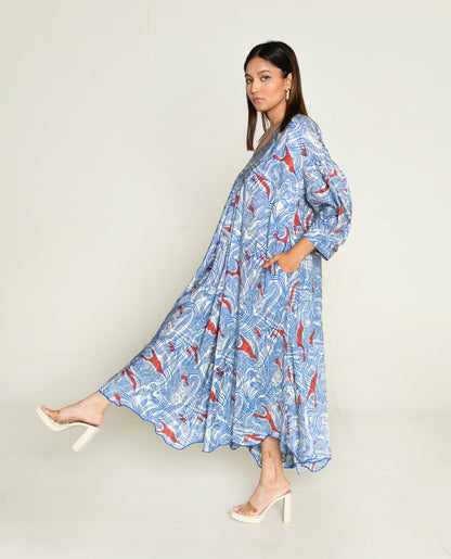 Ponzo Puff Sleeve Dress by Rias Jaipur with Bhram, Casual Wear, Cotton Bemberg Relaxed Fit Casual Wear Multicolor Midi Dresses Bhram at Kamakhyaa for sustainable fashion