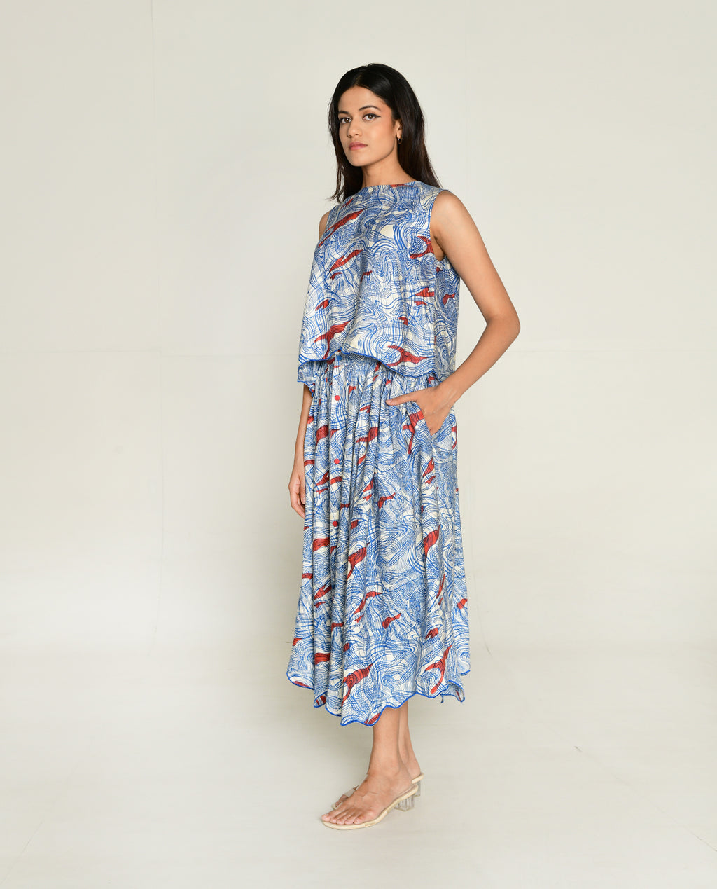 Ponzo Top With Skirt by Rias Jaipur with Bhram, Casual Wear, Cotton Bemberg Regular Fit Casual Wear Multicolor Top skirt sets Bhram at Kamakhyaa for sustainable fashion