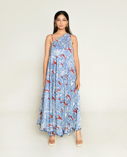 Ponzo One Shoulder Maxi by Rias Jaipur with Bhram, Casual Wear, Cotton Bemberg Regular Fit Casual Wear Multicolor One shoulder Dresses Bhram at Kamakhyaa for sustainable fashion