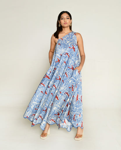 Ponzo One Shoulder Maxi by Rias Jaipur with Bhram, Casual Wear, Cotton Bemberg Regular Fit Casual Wear Multicolor One shoulder Dresses Bhram at Kamakhyaa for sustainable fashion