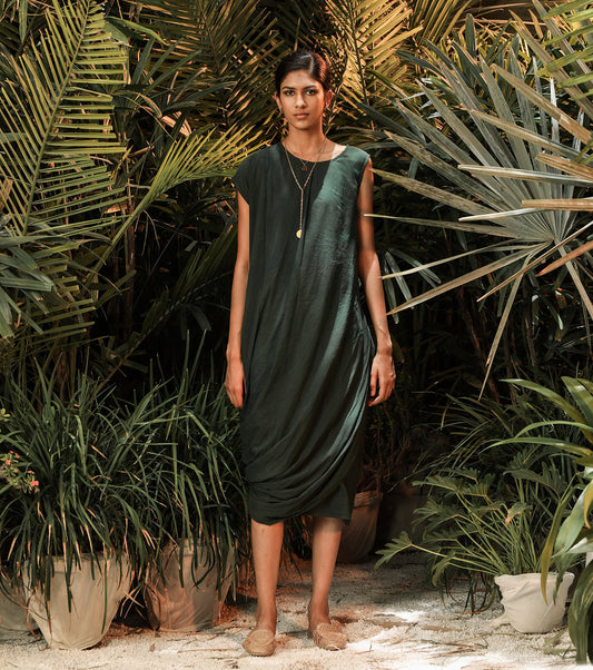 Dark Green Midi Dress by Khara Kapas with Another Day In Paradise by Khara Kapas, Green, Lost In Paradise by Khara Kapas, Midi Dresses, Mul Cotton, Natural, Regular Fit, Resort Wear, Solids, Womenswear at Kamakhyaa for sustainable fashion