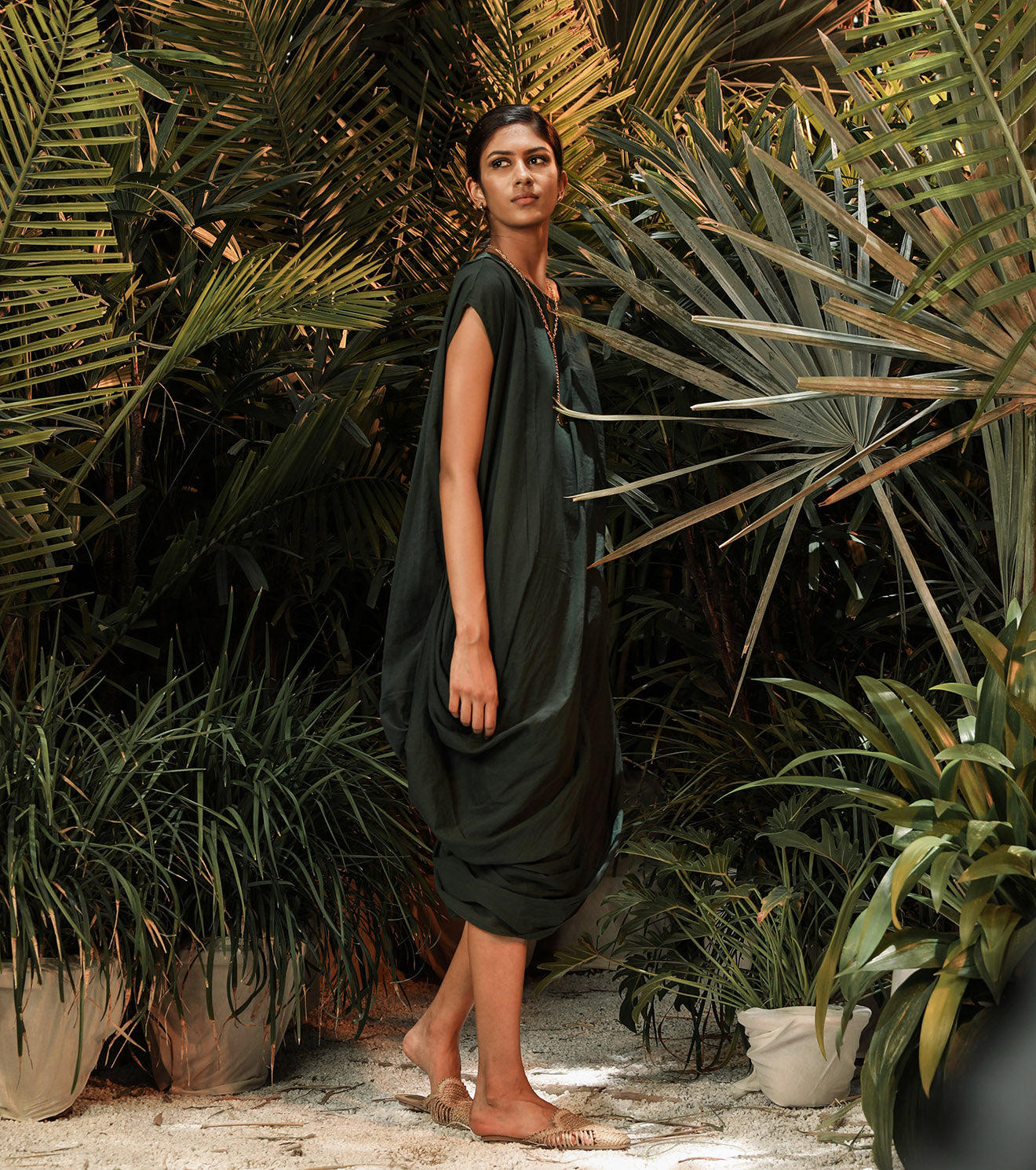 Dark Green Midi Dress by Khara Kapas with Another Day In Paradise by Khara Kapas, Green, Lost In Paradise by Khara Kapas, Midi Dresses, Mul Cotton, Natural, Regular Fit, Resort Wear, Solids, Womenswear at Kamakhyaa for sustainable fashion