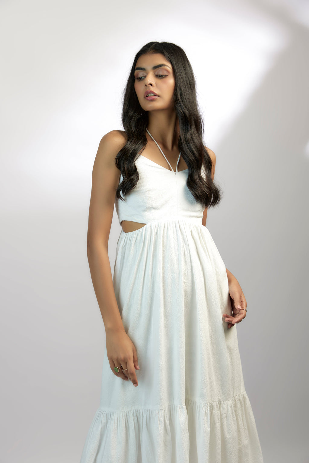 Bamboo fabric Eleanor Bamboo Dress by Ewoke with Bamboo fabric, halter neck dress, Midi Dress, Nostalgia's Thread by Ewoke, strapless dress, white dress at Kamakhyaa for sustainable fashion
