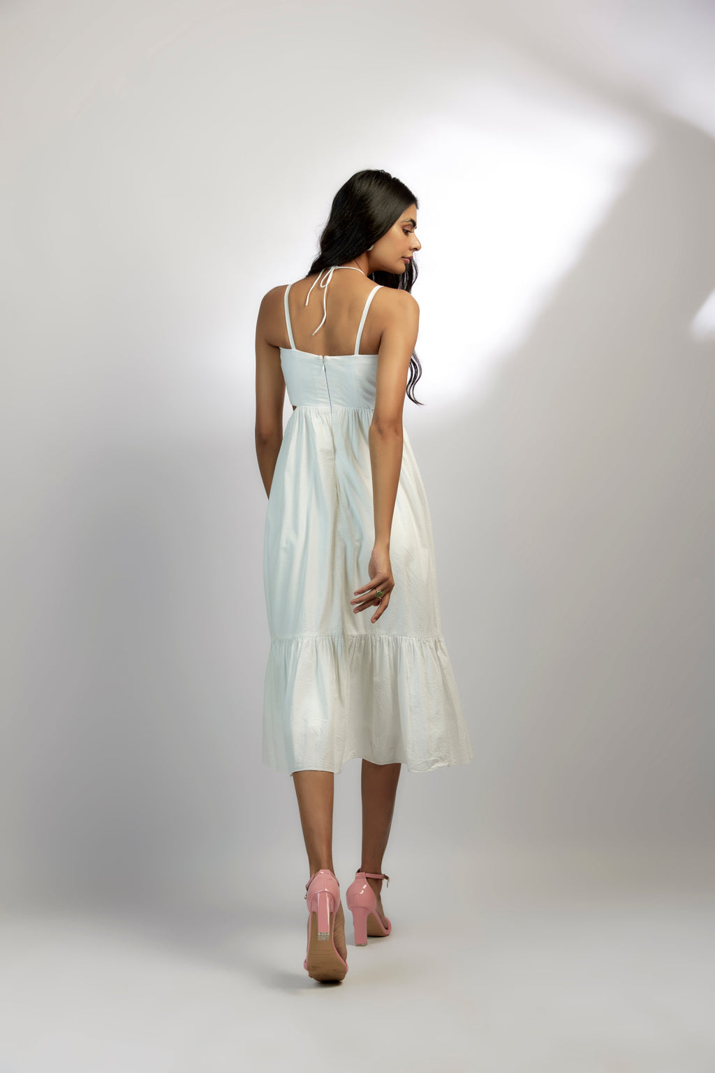 Bamboo fabric Eleanor Bamboo Dress by Ewoke with Bamboo fabric, halter neck dress, Midi Dress, Nostalgia's Thread by Ewoke, strapless dress, white dress at Kamakhyaa for sustainable fashion