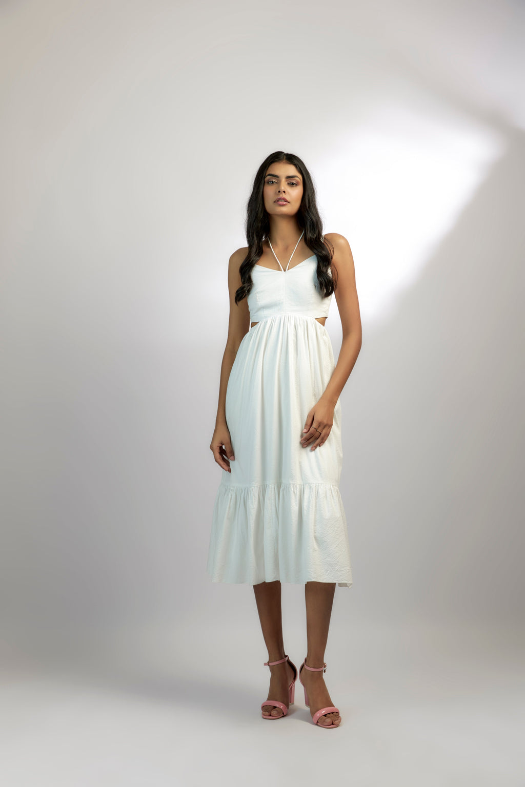 Bamboo fabric Eleanor Bamboo Dress by Ewoke with Bamboo fabric, halter neck dress, Midi Dress, Nostalgia's Thread by Ewoke, strapless dress, white dress at Kamakhyaa for sustainable fashion