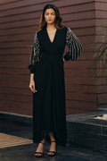 Georgette Black Georgette Evening Dress by Ewoke with Black, black dress, embroidered dress, Georgette, Holiday wear, Nostalgia's Thread by Ewoke, sustainable fashion, v-neck line at Kamakhyaa for sustainable fashion