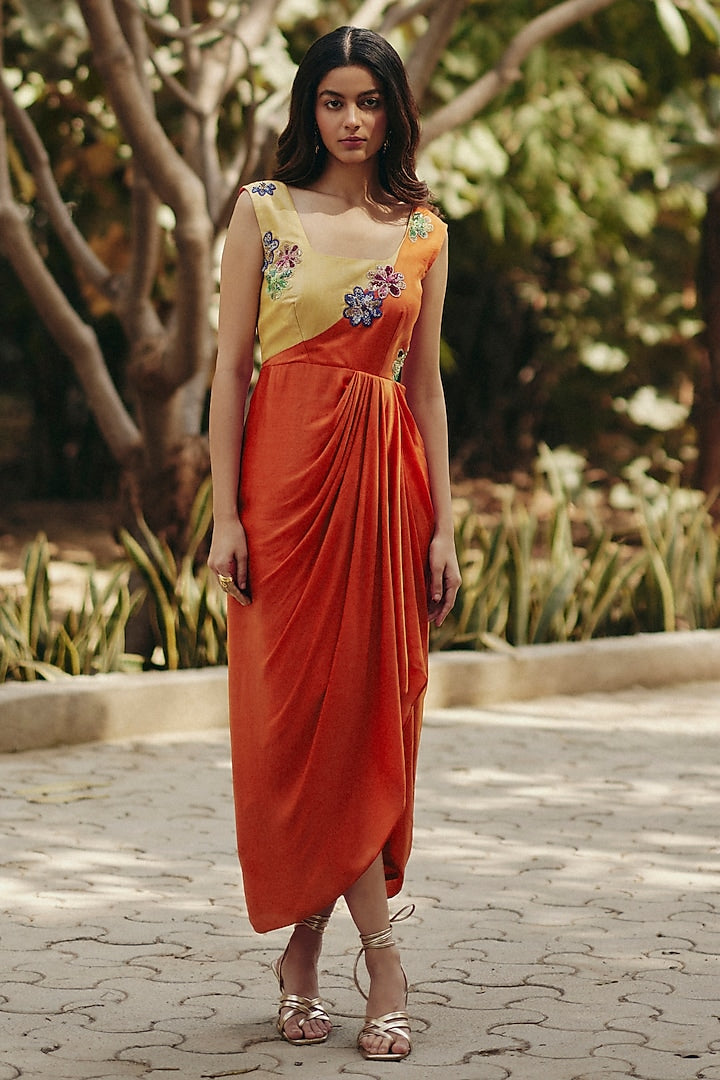 Georgette Orange & Yellow Draped Dress by Ewoke with ewoke dresses, Floral, Georgette, In Her Element, Nostalgia's Thread by Ewoke, Orange, Wedding wear, womenswear dresses at Kamakhyaa for sustainable fashion