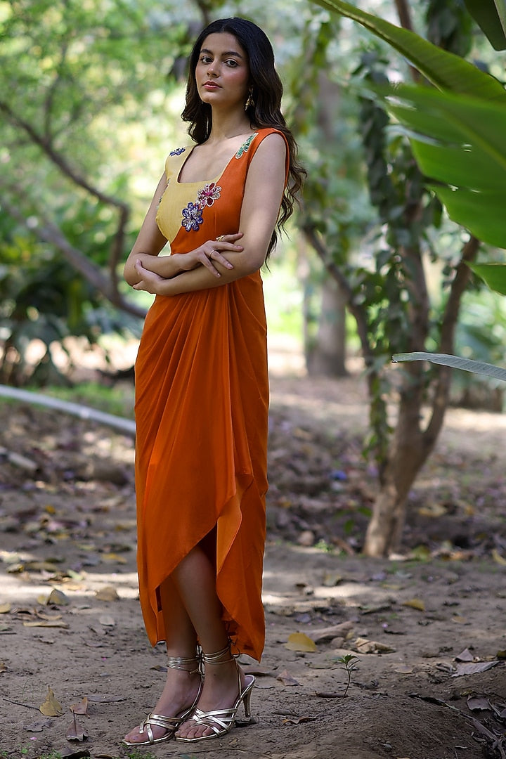 Georgette Orange & Yellow Draped Dress by Ewoke with ewoke dresses, Floral, Georgette, In Her Element, Nostalgia's Thread by Ewoke, Orange, Wedding wear, womenswear dresses at Kamakhyaa for sustainable fashion