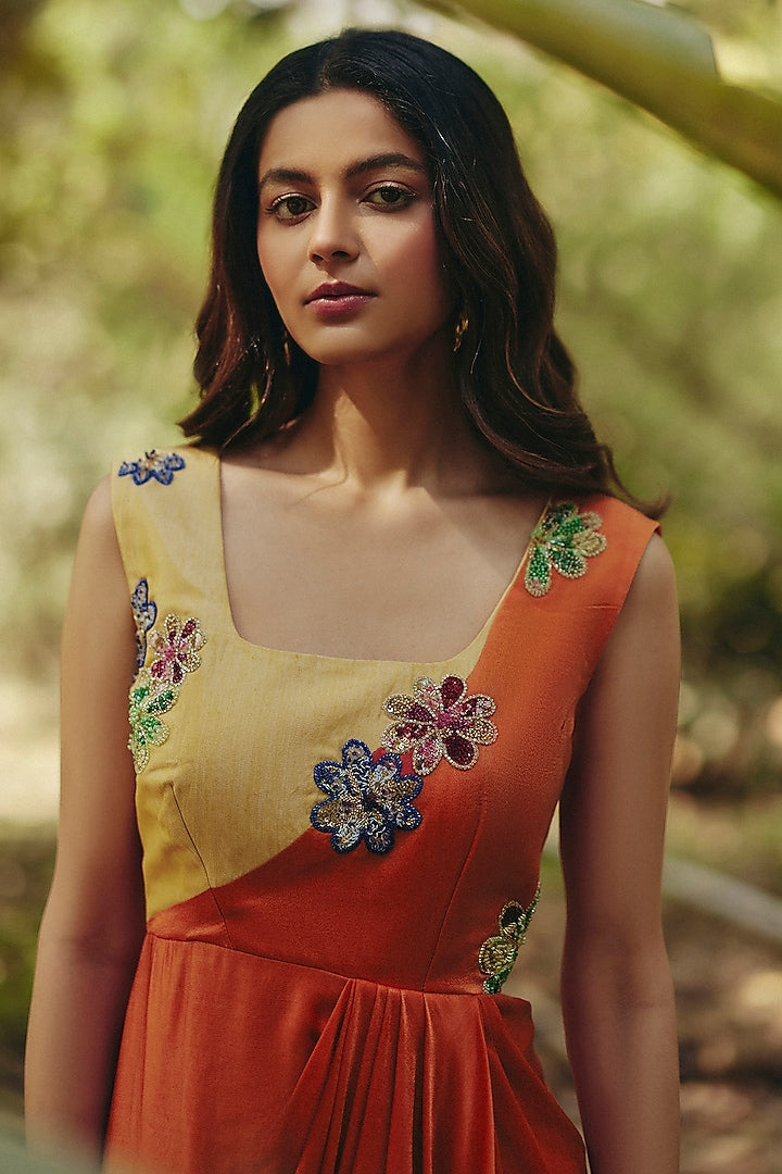 Georgette Orange & Yellow Draped Dress by Ewoke with ewoke dresses, Floral, Georgette, In Her Element, Nostalgia's Thread by Ewoke, Orange, Wedding wear, womenswear dresses at Kamakhyaa for sustainable fashion