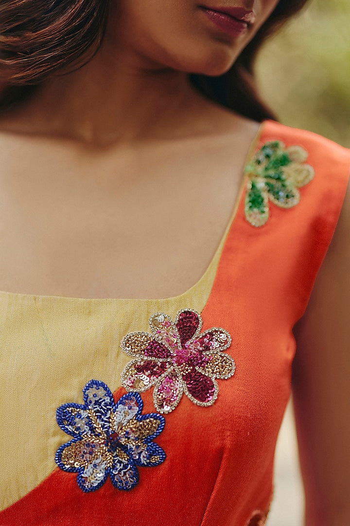 Georgette Orange & Yellow Draped Dress by Ewoke with ewoke dresses, Floral, Georgette, In Her Element, Nostalgia's Thread by Ewoke, Orange, Wedding wear, womenswear dresses at Kamakhyaa for sustainable fashion