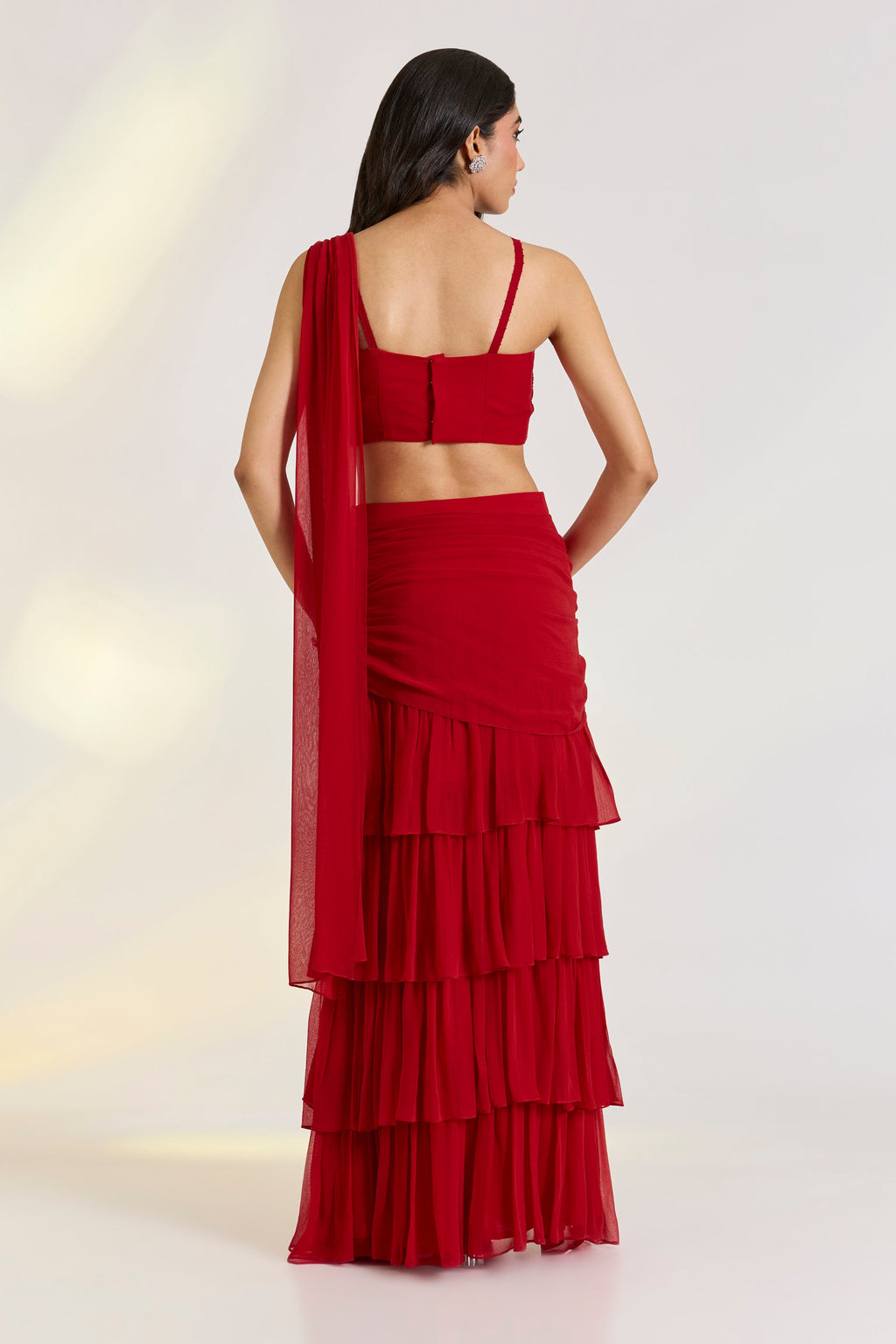 Georgette Red Embroidered Pre-Drape Saree by Ewoke with Bemberg, draped saree, Georgette, lehengas, Nostalgia's Thread by Ewoke, Red, sustainable fashion at Kamakhyaa for sustainable fashion