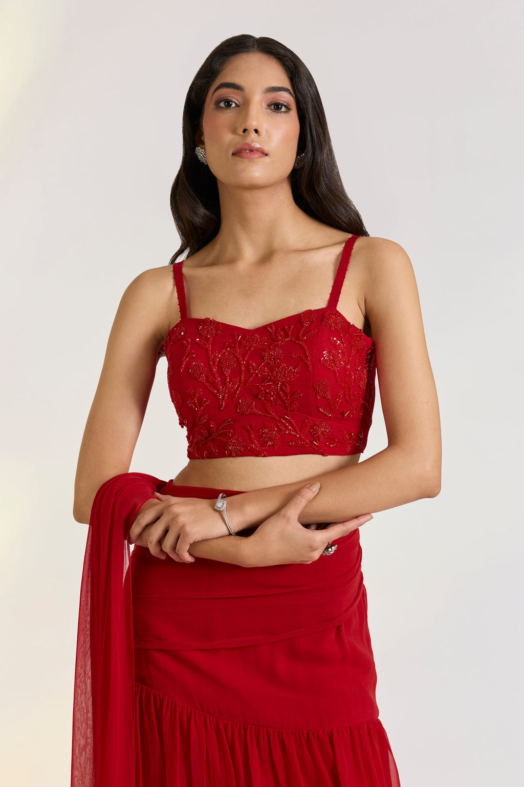 Georgette Red Embroidered Pre-Drape Saree by Ewoke with Bemberg, draped saree, Georgette, lehengas, Nostalgia's Thread by Ewoke, Red, sustainable fashion at Kamakhyaa for sustainable fashion