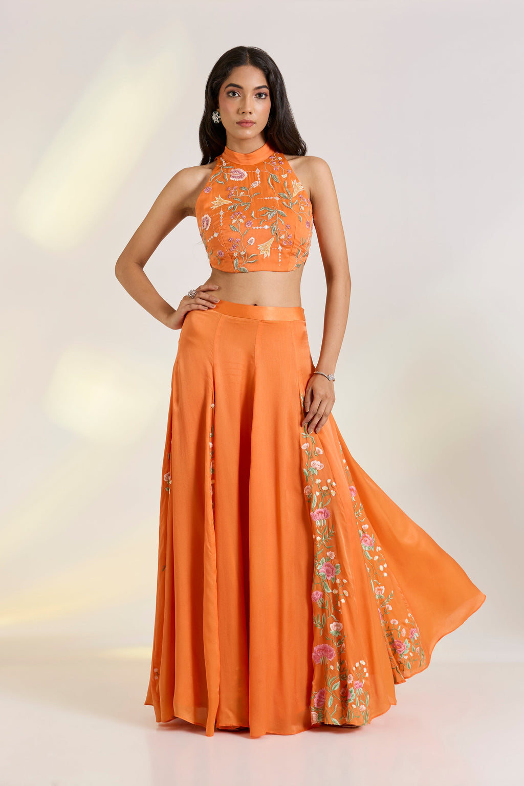 Bemberg Tangerine Skirt Set by Ewoke with Bemberg, bemberg fabric, destination wedding lehengas, embroidered lehengas, Lehenga set, Nostalgia's Thread by Ewoke, Orange, sustainable fashion at Kamakhyaa for sustainable fashion