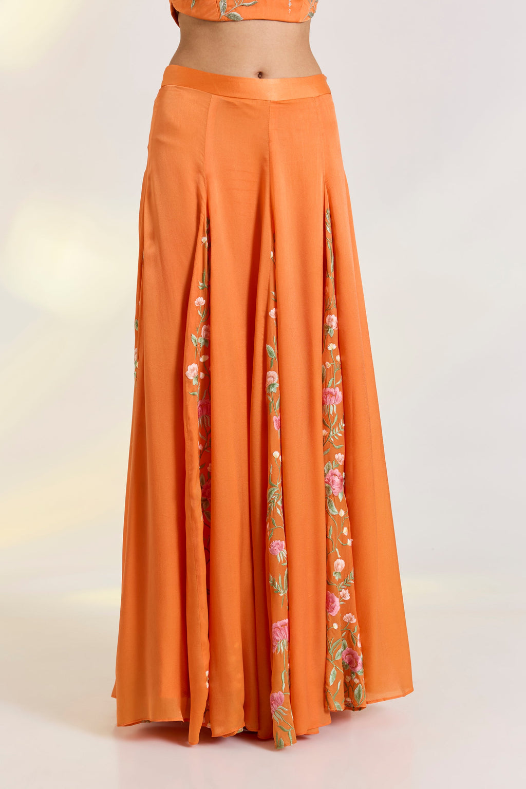 Bemberg Tangerine Skirt Set by Ewoke with Bemberg, bemberg fabric, destination wedding lehengas, embroidered lehengas, Lehenga set, Nostalgia's Thread by Ewoke, Orange, sustainable fashion at Kamakhyaa for sustainable fashion
