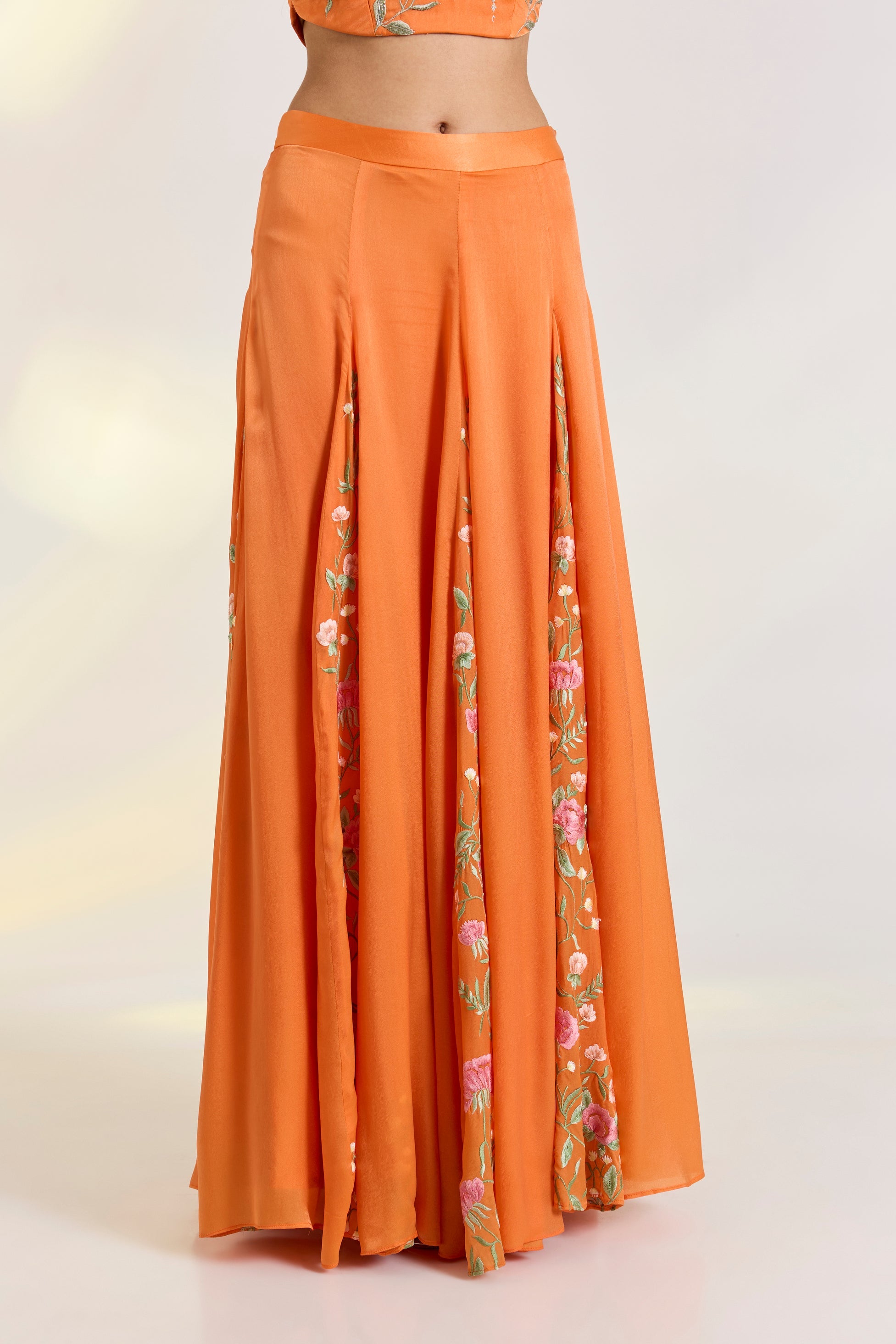 Bemberg Tangerine Skirt Set by Ewoke with Bemberg, bemberg fabric, destination wedding lehengas, embroidered lehengas, Lehenga set, Nostalgia's Thread by Ewoke, Orange, sustainable fashion at Kamakhyaa for sustainable fashion