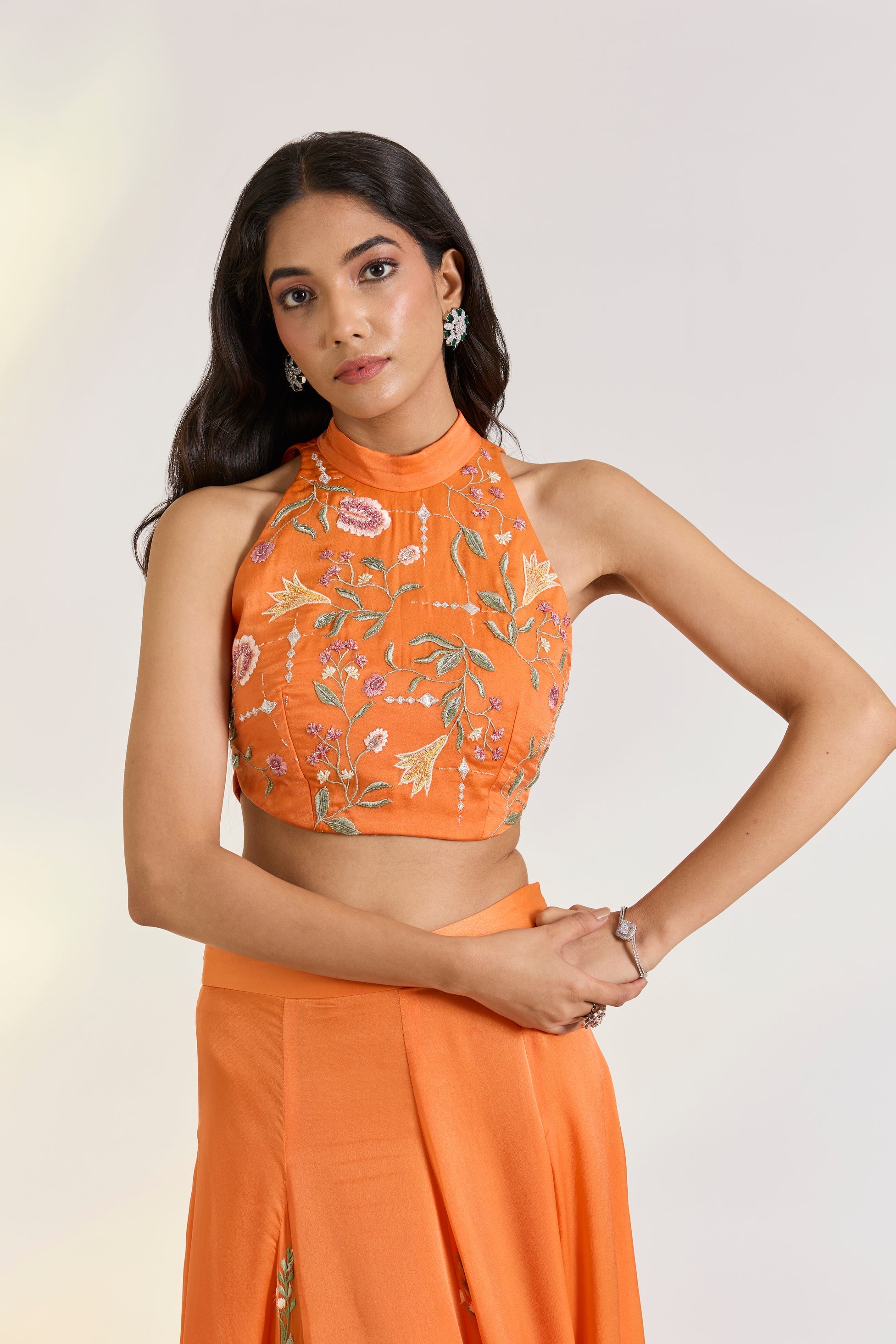 Bemberg Tangerine Skirt Set by Ewoke with Bemberg, bemberg fabric, destination wedding lehengas, embroidered lehengas, Lehenga set, Nostalgia's Thread by Ewoke, Orange, sustainable fashion at Kamakhyaa for sustainable fashion