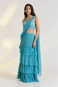 Georgette Teal Embroidered Pre-Drape Saree by Ewoke with Bemberg, bemberg fabric, destination wedding lehengas, draped saree, embroidered lehengas, Georgette, Lehenga set, Nostalgia's Thread by Ewoke, Steal Blue, sustainable fashion at Kamakhyaa for sustainable fashion