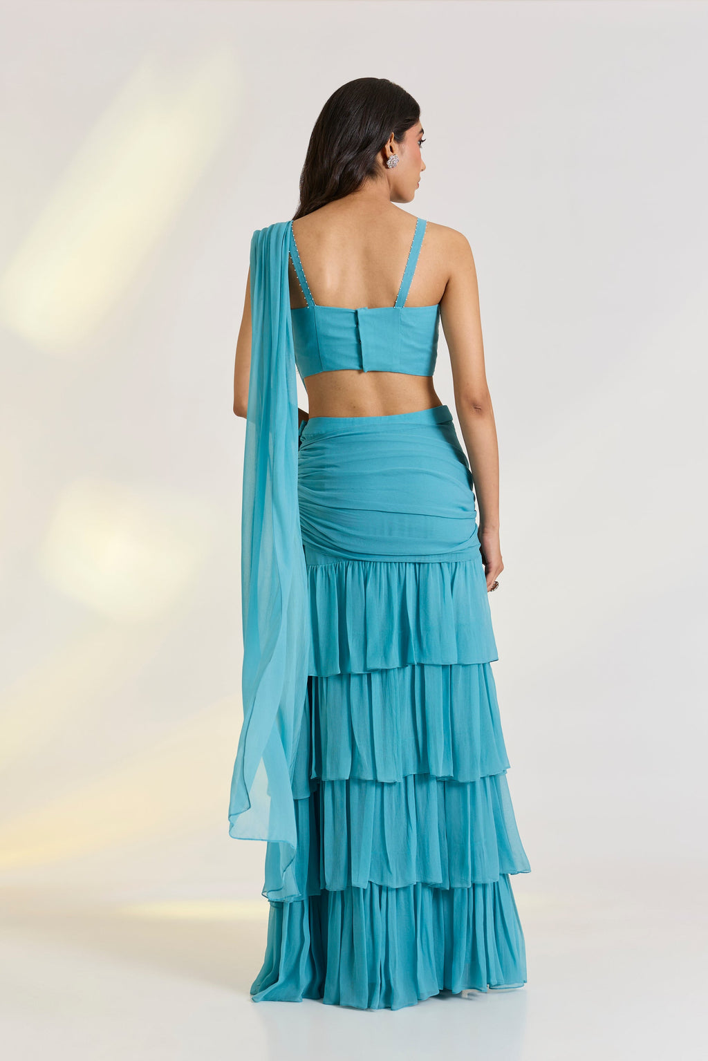 Georgette Teal Embroidered Pre-Drape Saree by Ewoke with Bemberg, bemberg fabric, destination wedding lehengas, draped saree, embroidered lehengas, Georgette, Lehenga set, Nostalgia's Thread by Ewoke, Steal Blue, sustainable fashion at Kamakhyaa for sustainable fashion