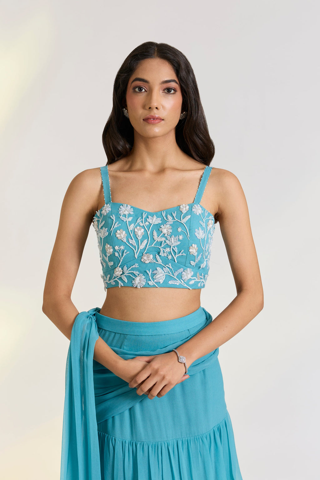 Georgette Teal Embroidered Pre-Drape Saree by Ewoke with Bemberg, bemberg fabric, destination wedding lehengas, draped saree, embroidered lehengas, Georgette, Lehenga set, Nostalgia's Thread by Ewoke, Steal Blue, sustainable fashion at Kamakhyaa for sustainable fashion