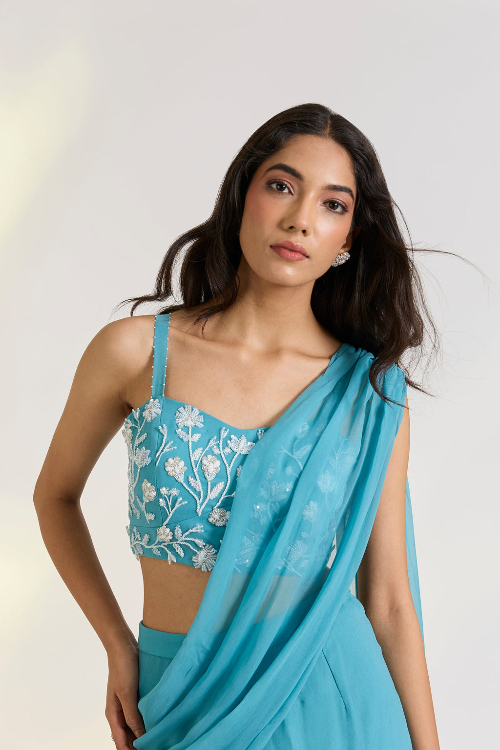 Georgette Teal Embroidered Pre-Drape Saree by Ewoke with Bemberg, bemberg fabric, destination wedding lehengas, draped saree, embroidered lehengas, Georgette, Lehenga set, Nostalgia's Thread by Ewoke, Steal Blue, sustainable fashion at Kamakhyaa for sustainable fashion