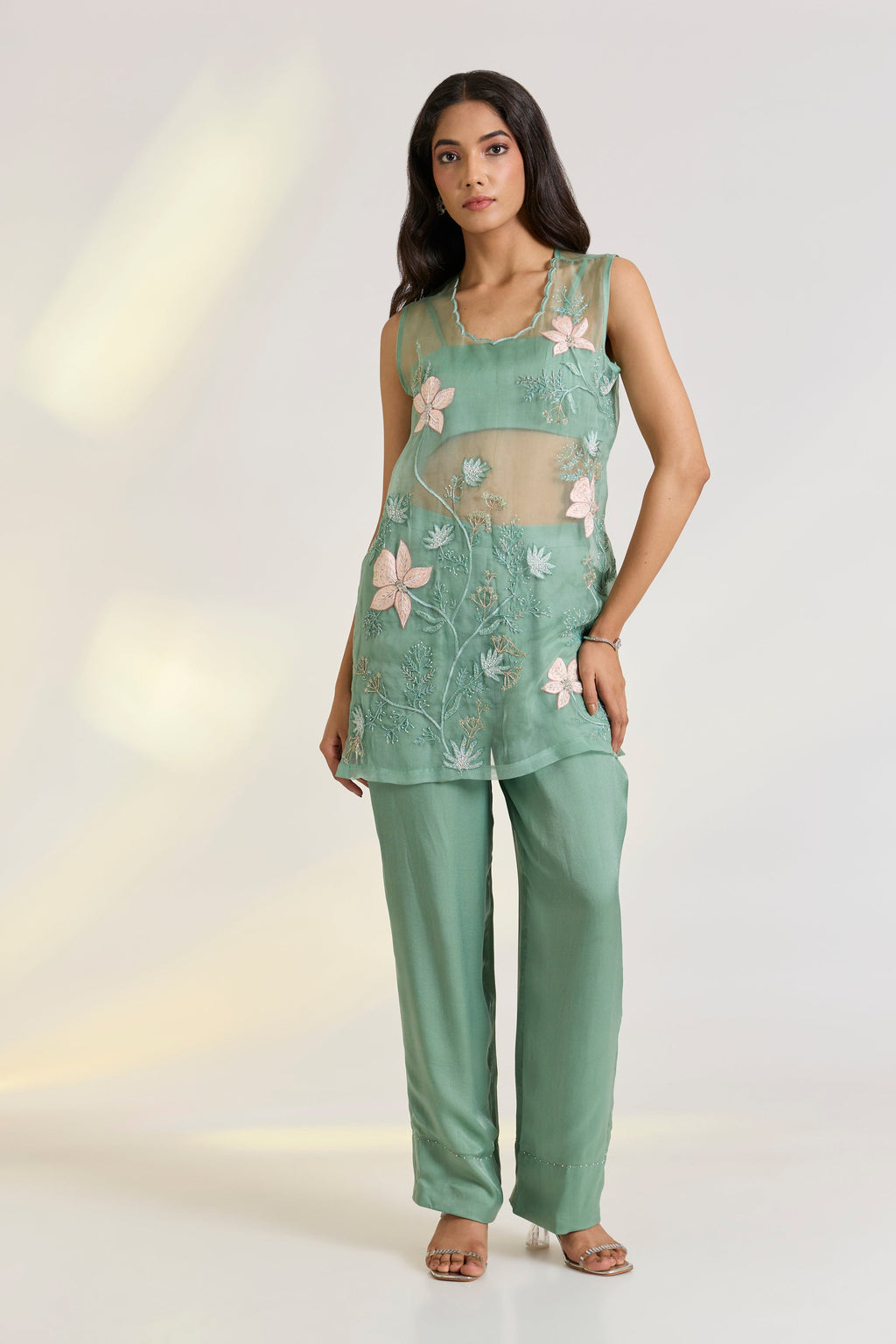 Bemberg Vire Embroidered Set by Ewoke with Bemberg, embroidered set, green set, mehendi outfit, Nostalgia's Thread by Ewoke, Sage Green, sustainable fashion at Kamakhyaa for sustainable fashion