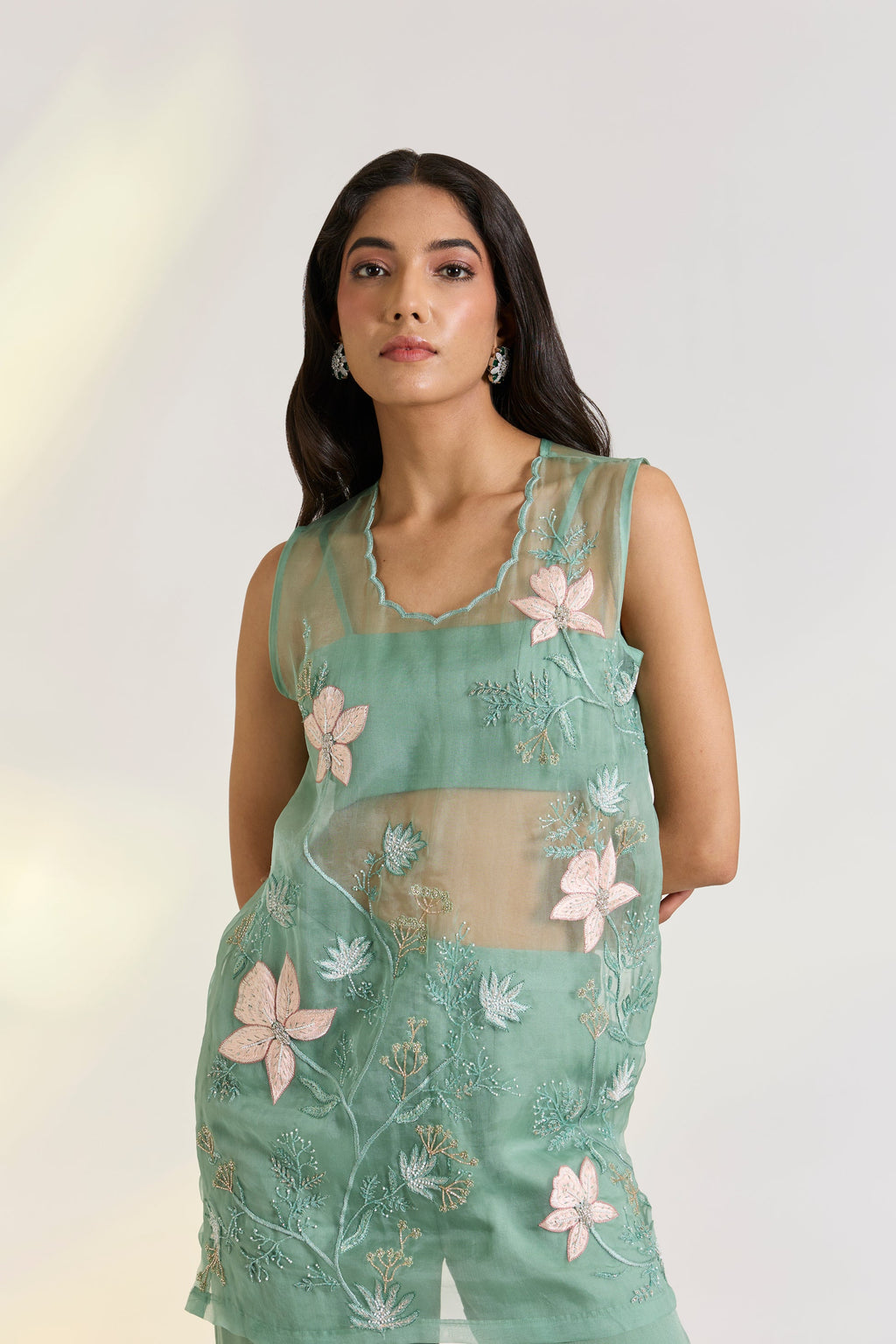 Bemberg Vire Embroidered Set by Ewoke with Bemberg, embroidered set, green set, mehendi outfit, Nostalgia's Thread by Ewoke, Sage Green, sustainable fashion at Kamakhyaa for sustainable fashion