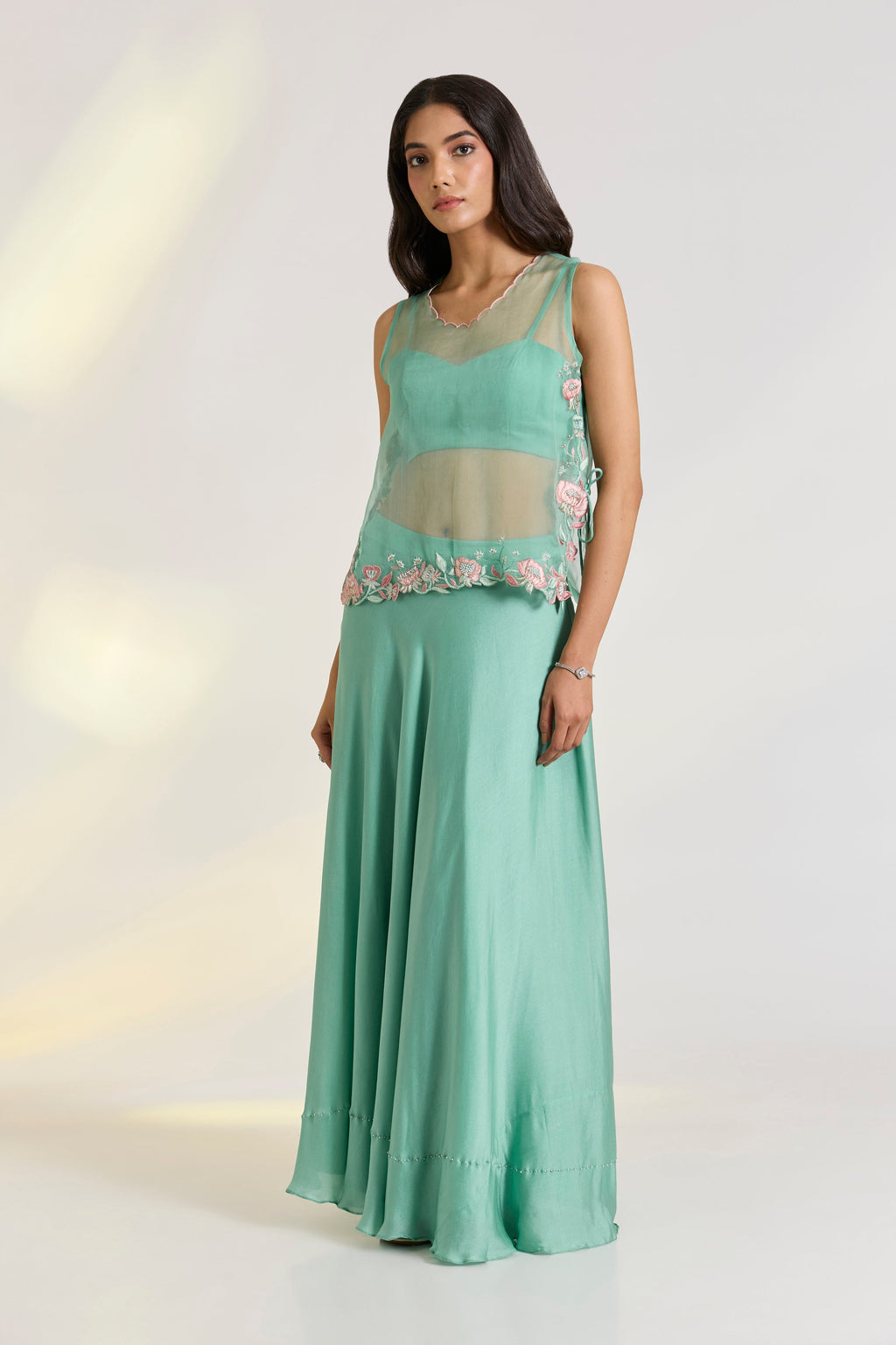 Bemberg Aeris Lehenga Set by Ewoke with Bemberg, embroidered set, green set, mehendi outfit, Nostalgia's Thread by Ewoke, Sage Green, sustainable fashion at Kamakhyaa for sustainable fashion