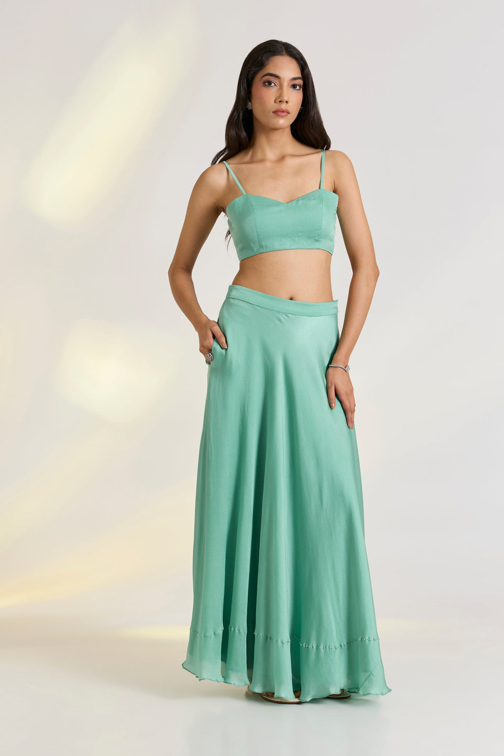 Bemberg Aeris Lehenga Set by Ewoke with Bemberg, embroidered set, green set, mehendi outfit, Nostalgia's Thread by Ewoke, Sage Green, sustainable fashion at Kamakhyaa for sustainable fashion