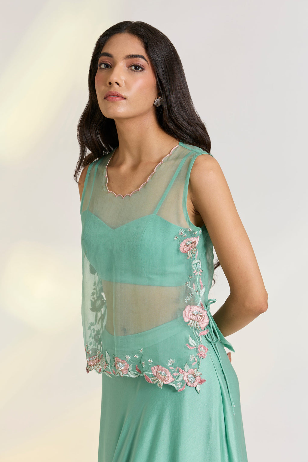 Bemberg Aeris Lehenga Set by Ewoke with Bemberg, embroidered set, green set, mehendi outfit, Nostalgia's Thread by Ewoke, Sage Green, sustainable fashion at Kamakhyaa for sustainable fashion