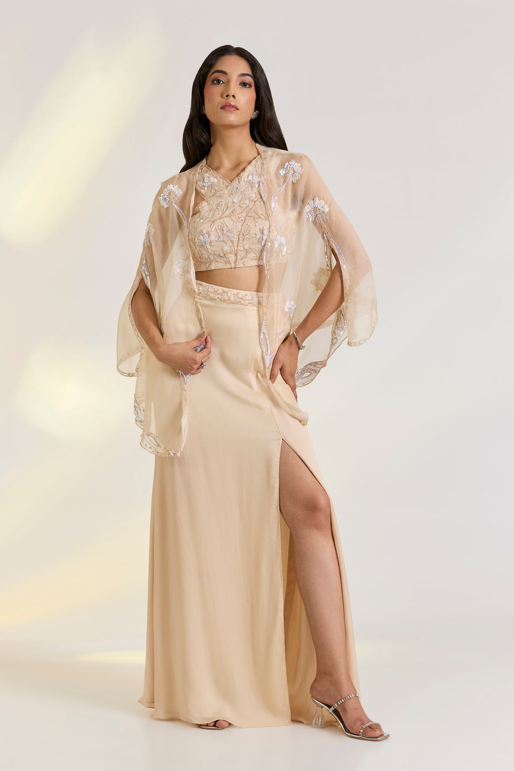 Bemberg Elara Nude Pink Drape Set by Ewoke with Bemberg, embroidered set, green set, mehendi outfit, Nostalgia's Thread by Ewoke, Nude Pink, sustainable fashion at Kamakhyaa for sustainable fashion