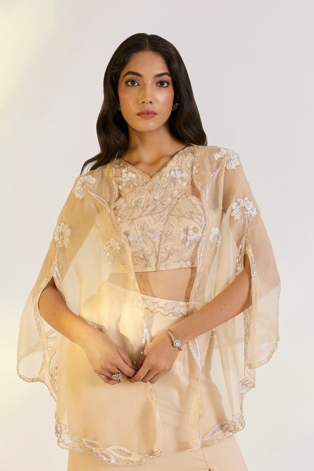 Bemberg Elara Nude Pink Drape Set by Ewoke with Bemberg, embroidered set, green set, mehendi outfit, Nostalgia's Thread by Ewoke, Nude Pink, sustainable fashion at Kamakhyaa for sustainable fashion