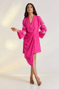 Tencel Khadi Mira Jacket Dress by Ewoke with embroided pink dress, Hot Pink, Khadi Tencel, Nostalgia's Thread by Ewoke, pink dress, sustainable fashion, Tencel Khadi at Kamakhyaa for sustainable fashion
