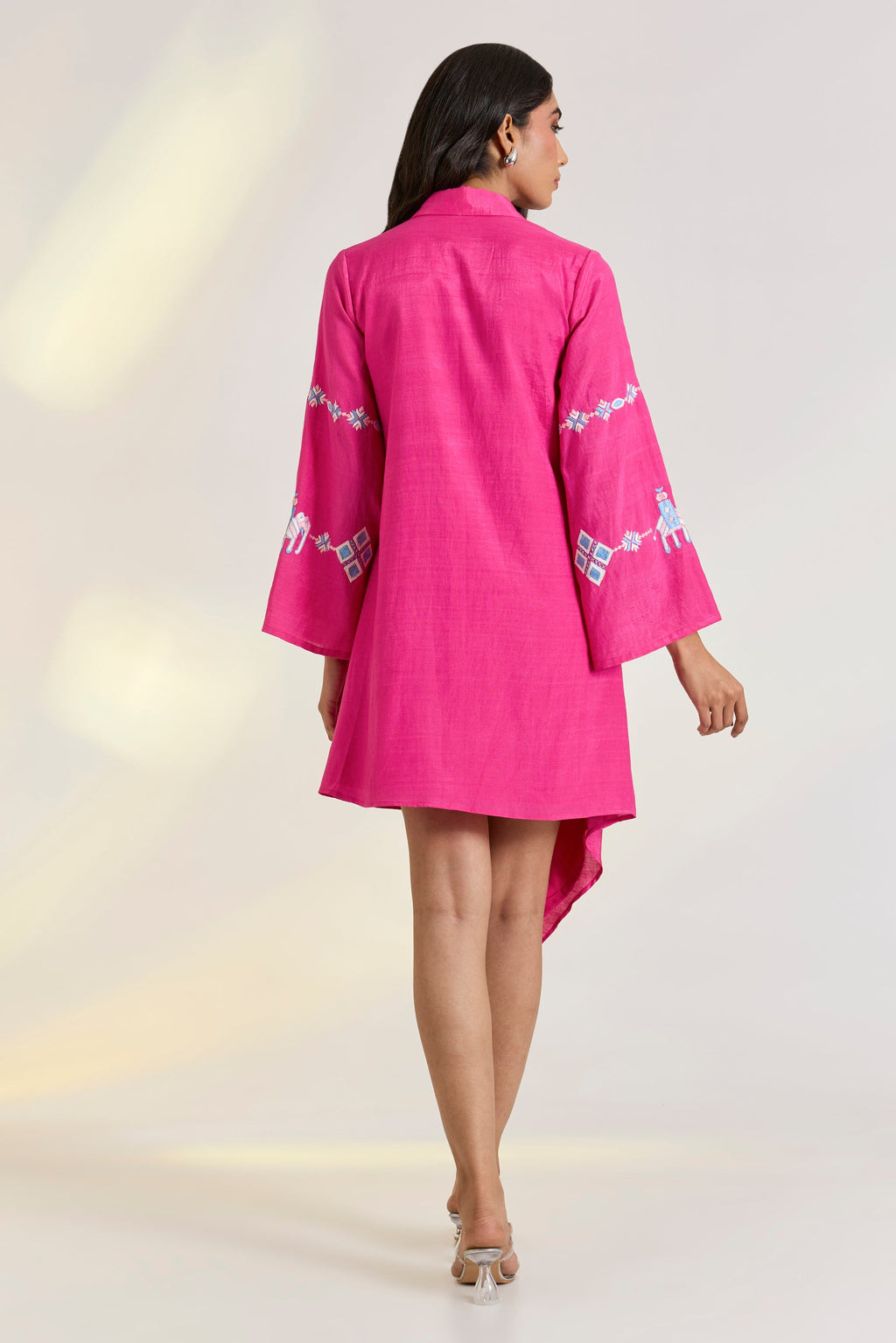 Tencel Khadi Mira Jacket Dress by Ewoke with embroided pink dress, Hot Pink, Khadi Tencel, Nostalgia's Thread by Ewoke, pink dress, sustainable fashion, Tencel Khadi at Kamakhyaa for sustainable fashion
