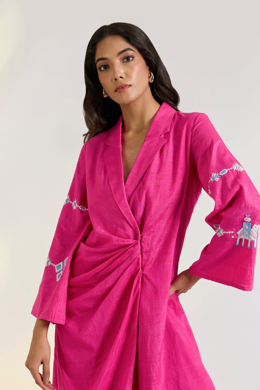 Tencel Khadi Mira Jacket Dress by Ewoke with embroided pink dress, Hot Pink, Khadi Tencel, Nostalgia's Thread by Ewoke, pink dress, sustainable fashion, Tencel Khadi at Kamakhyaa for sustainable fashion