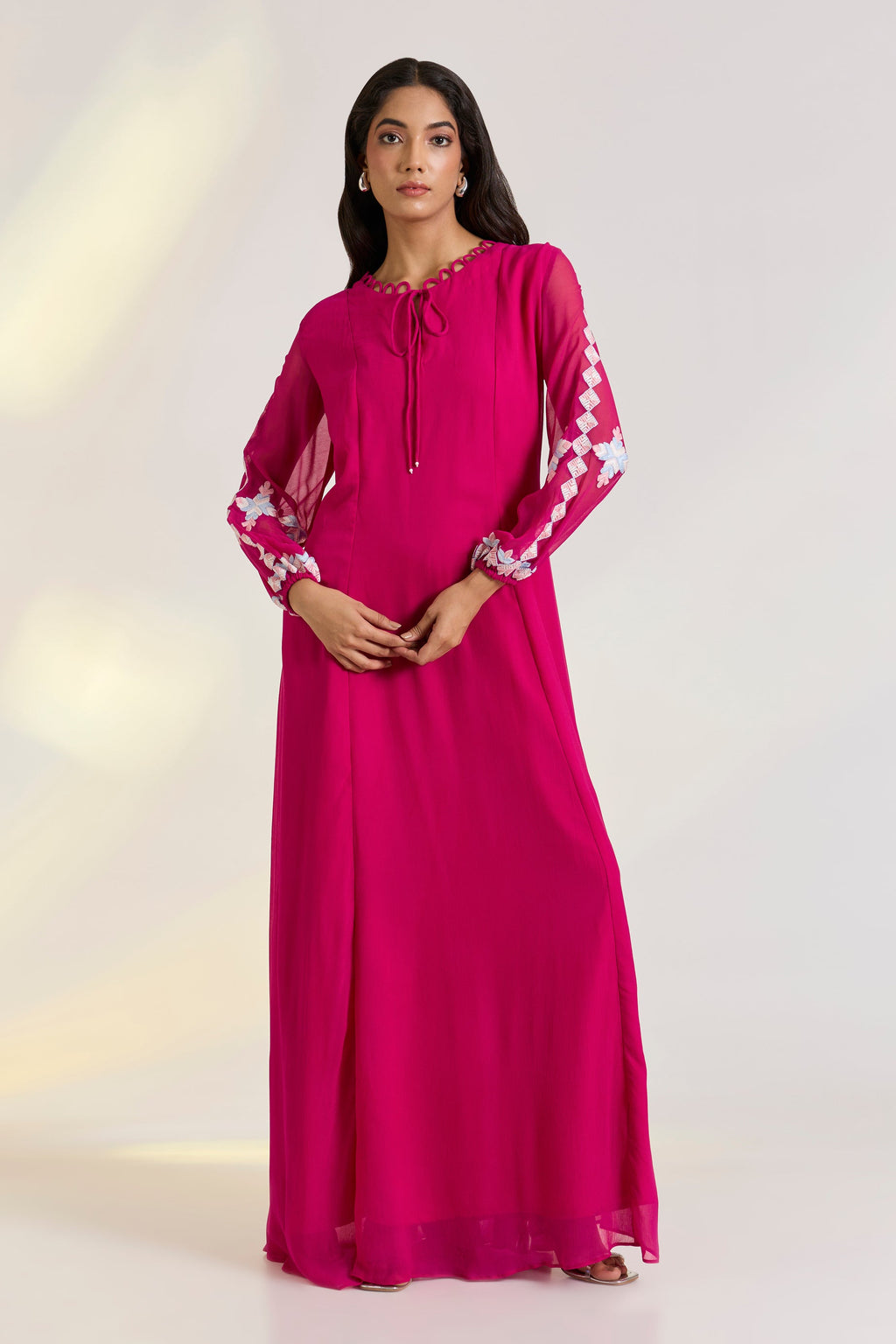 Georgette Elowen Maxi Dress by Ewoke with embroided pink dress, Georgette, Holiday wear, Hot Pink, Khadi Tencel, Nostalgia's Thread by Ewoke, phulkari embroidery, pink dress, sustainable fashion at Kamakhyaa for sustainable fashion
