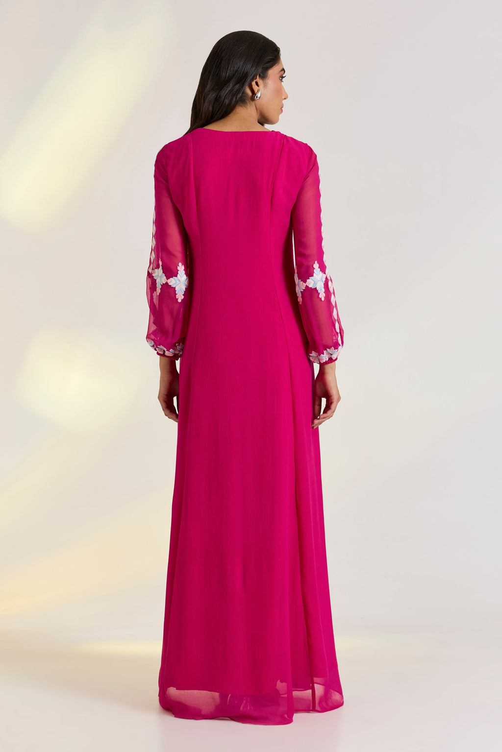 Georgette Elowen Maxi Dress by Ewoke with embroided pink dress, Georgette, Holiday wear, Hot Pink, Khadi Tencel, Nostalgia's Thread by Ewoke, phulkari embroidery, pink dress, sustainable fashion at Kamakhyaa for sustainable fashion