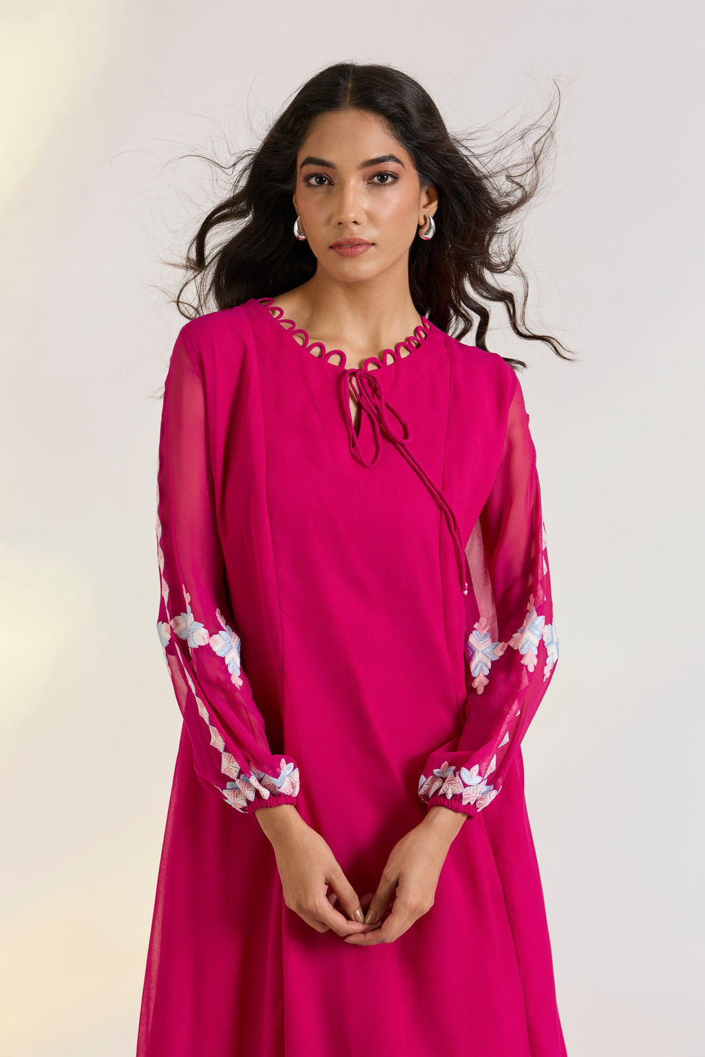 Georgette Elowen Maxi Dress by Ewoke with embroided pink dress, Georgette, Holiday wear, Hot Pink, Khadi Tencel, Nostalgia's Thread by Ewoke, phulkari embroidery, pink dress, sustainable fashion at Kamakhyaa for sustainable fashion