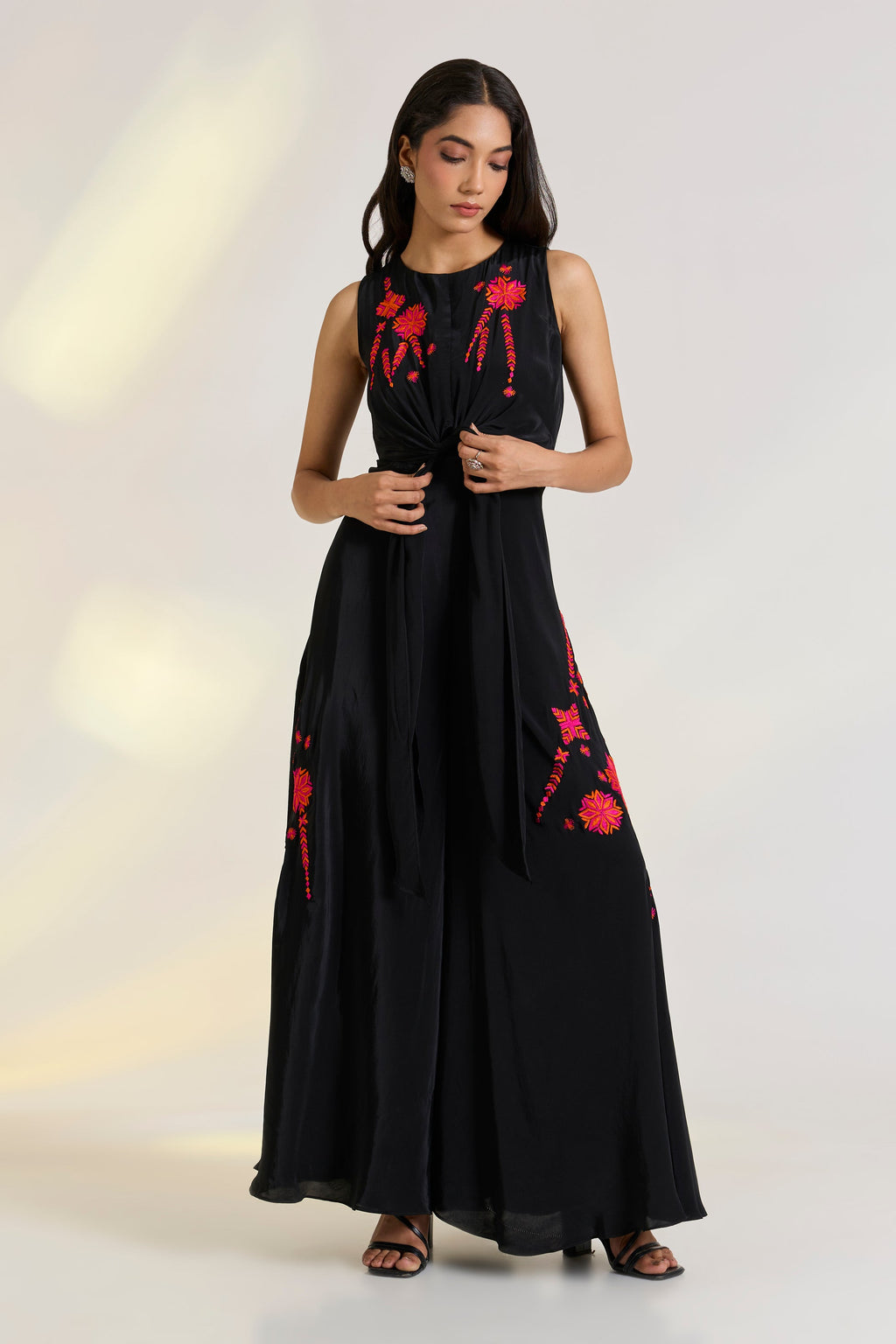 Crepe Black Embroidered Kaia Jumpsuit by Ewoke with Black, black jumpsuit, black outfit, Crepe, embroided pink dress, Holiday wear, Nostalgia's Thread by Ewoke, phulkari embroidery, sustainable fashion at Kamakhyaa for sustainable fashion