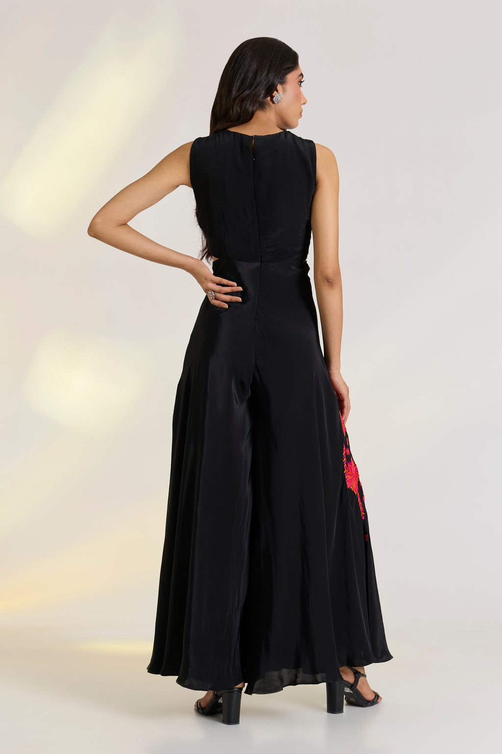 Crepe Black Embroidered Kaia Jumpsuit by Ewoke with Black, black jumpsuit, black outfit, Crepe, embroided pink dress, Holiday wear, Nostalgia's Thread by Ewoke, phulkari embroidery, sustainable fashion at Kamakhyaa for sustainable fashion