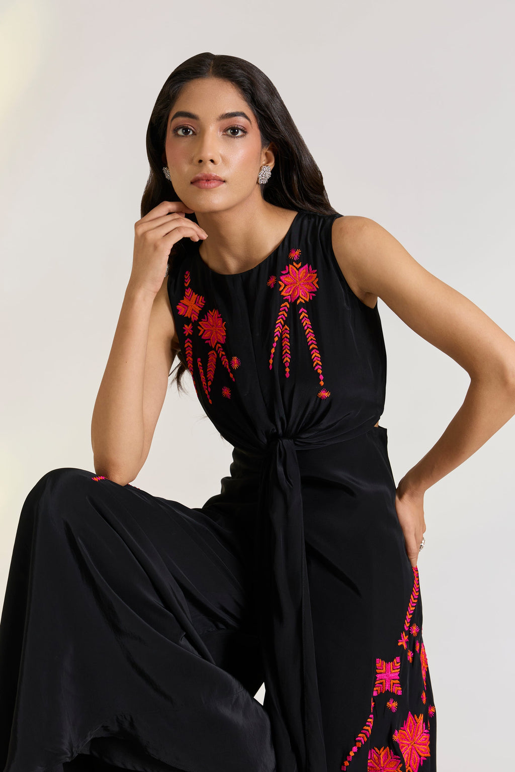 Crepe Black Embroidered Kaia Jumpsuit by Ewoke with Black, black jumpsuit, black outfit, Crepe, embroided pink dress, Holiday wear, Nostalgia's Thread by Ewoke, phulkari embroidery, sustainable fashion at Kamakhyaa for sustainable fashion