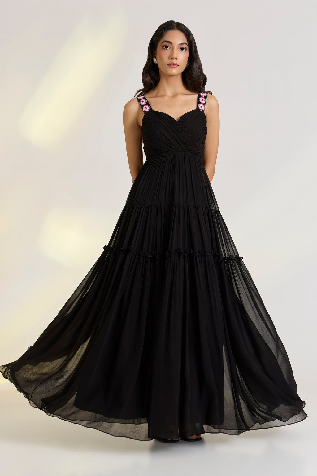 Georgette Nyra Black Drape Gown by Ewoke with Black, black gown, draped gown, Dresses, Georgette, Holiday wear, maxi dress, Nostalgia's Thread by Ewoke, sustainable fashion at Kamakhyaa for sustainable fashion