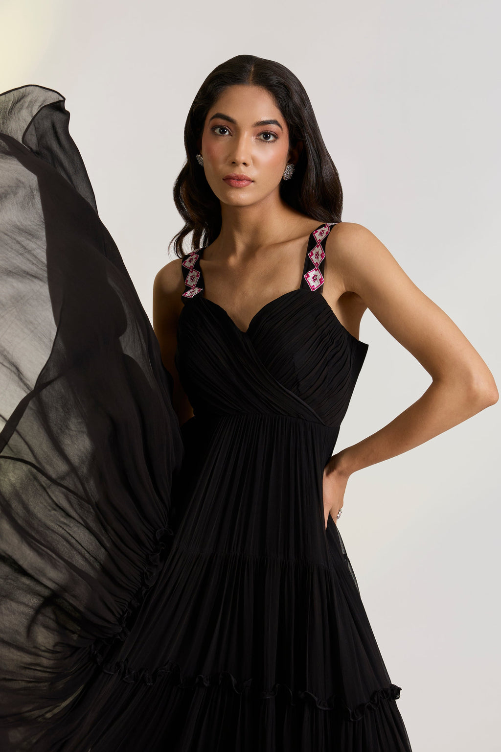 Georgette Nyra Black Drape Gown by Ewoke with Black, black gown, draped gown, Dresses, Georgette, Holiday wear, maxi dress, Nostalgia's Thread by Ewoke, sustainable fashion at Kamakhyaa for sustainable fashion