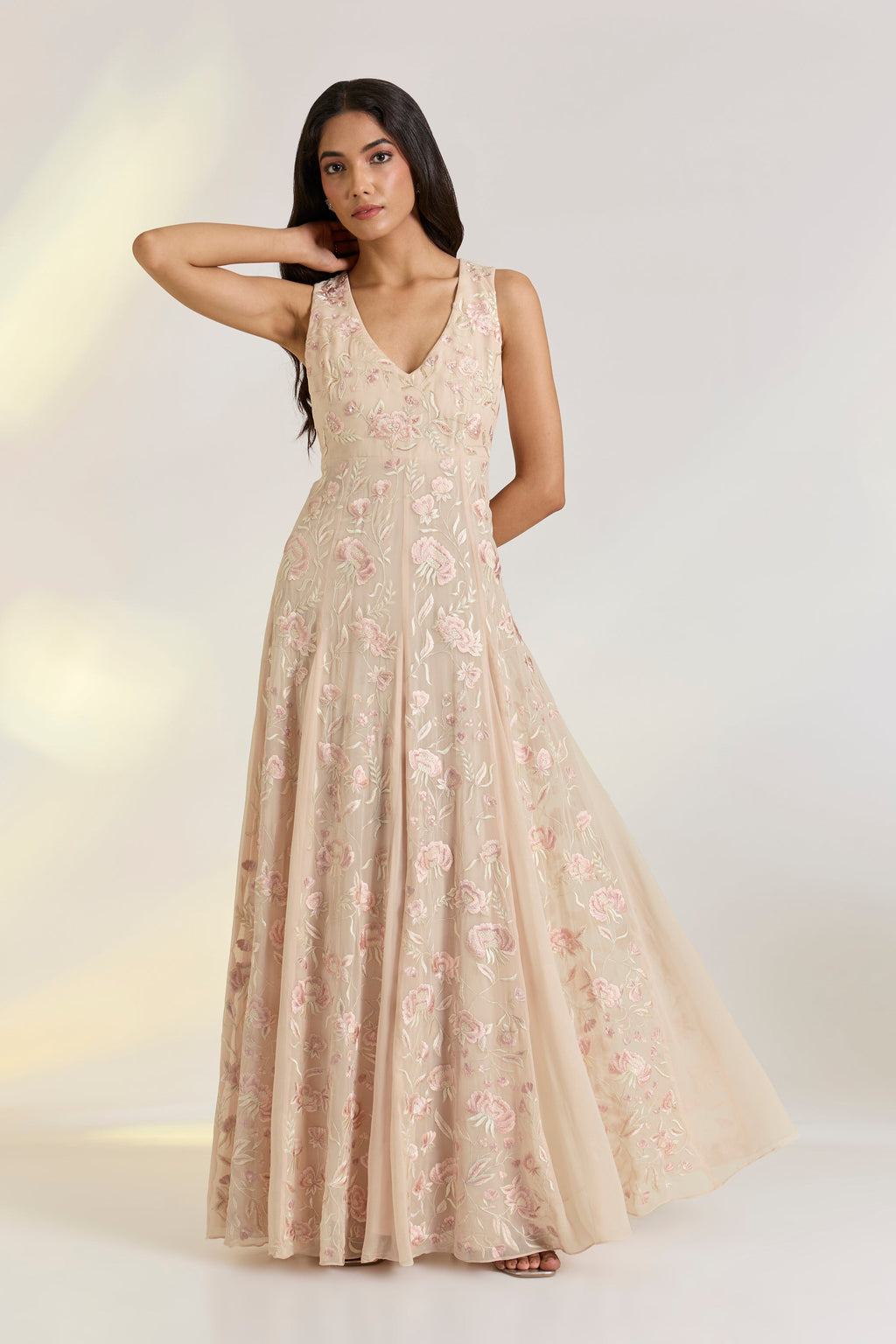 Georgette Lyla Gown by Ewoke with destination wedding lehengas, festive, Georgette, gowns, Nostalgia's Thread by Ewoke, Nude Pink, sustainable fashion, wedding dress, Wedding wear at Kamakhyaa for sustainable fashion