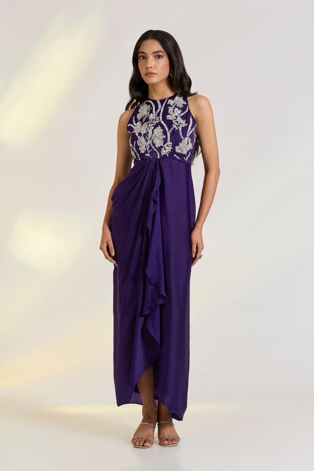 Bemberg Tara Draped Gown by Ewoke with Bemberg, destination wedding lehengas, diwali gowns, festive, gowns, Nostalgia's Thread by Ewoke, Purple, sustainable fashion, wedding dress, Wedding wear at Kamakhyaa for sustainable fashion