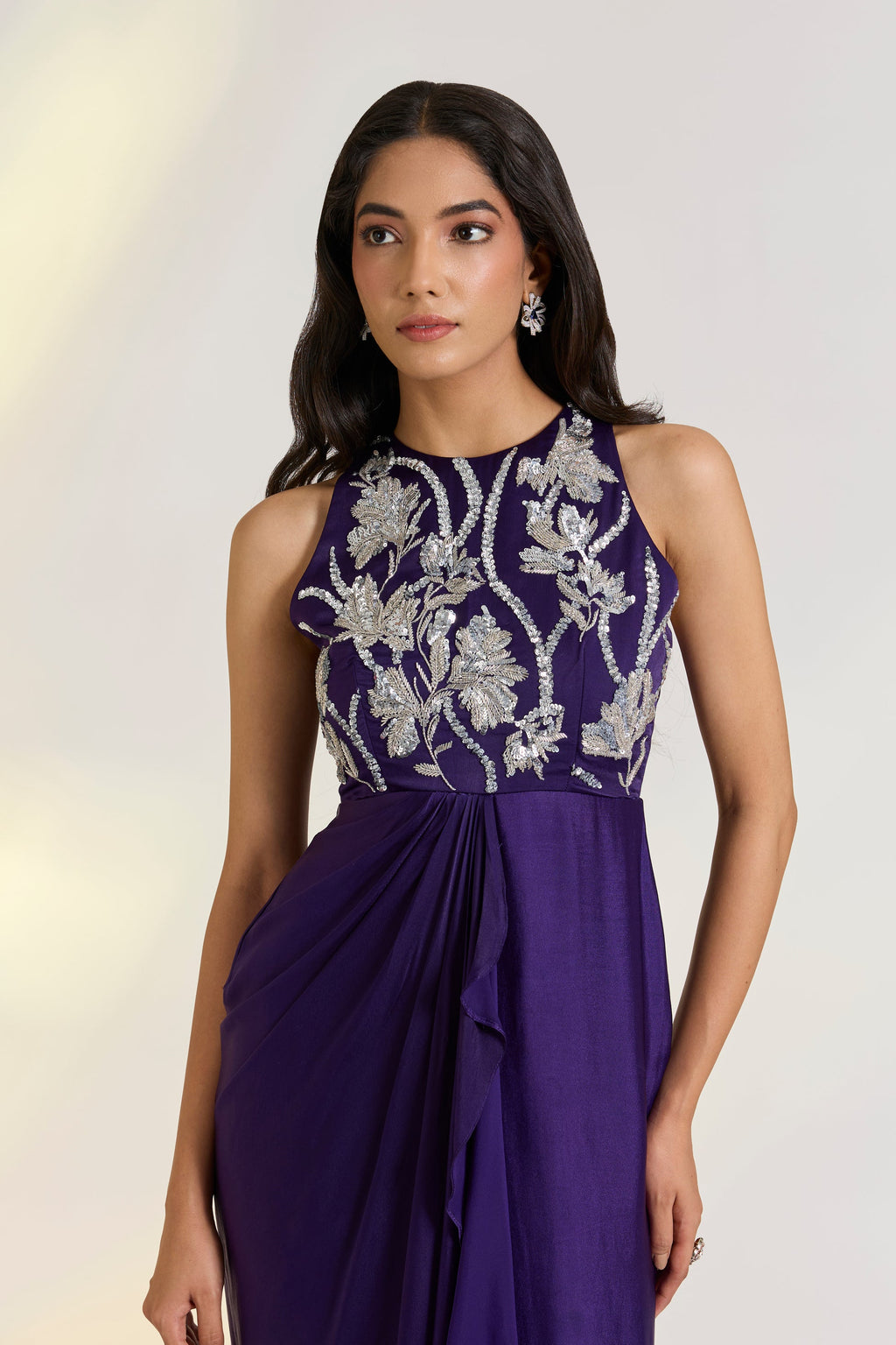 Bemberg Tara Draped Gown by Ewoke with Bemberg, destination wedding lehengas, diwali gowns, festive, gowns, Nostalgia's Thread by Ewoke, Purple, sustainable fashion, wedding dress, Wedding wear at Kamakhyaa for sustainable fashion