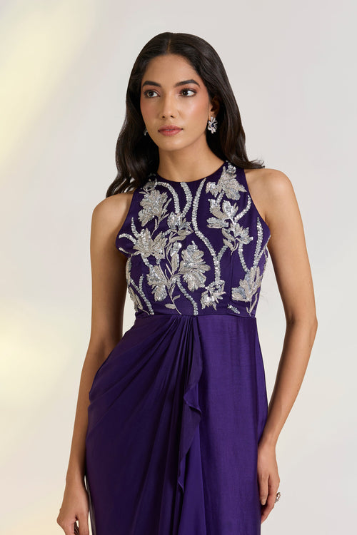 Bemberg Tara Draped Gown by Ewoke with Bemberg, destination wedding lehengas, diwali gowns, festive, gowns, Nostalgia's Thread by Ewoke, Purple, sustainable fashion, wedding dress, Wedding wear at Kamakhyaa for sustainable fashion
