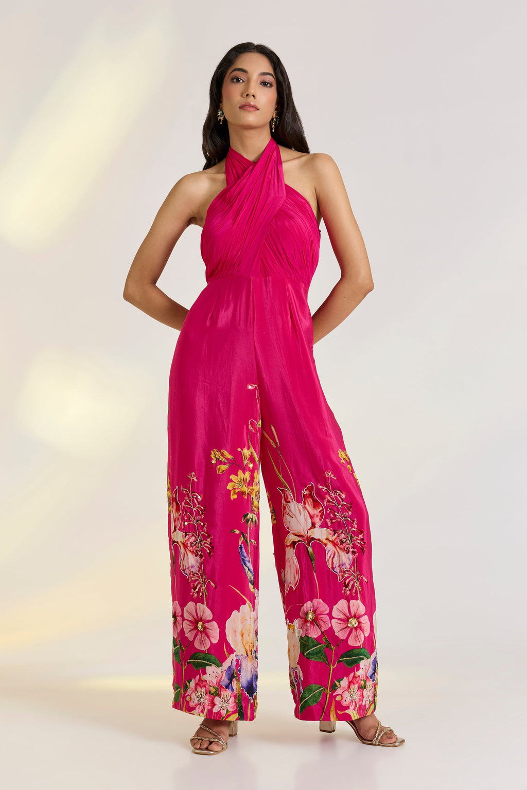 Crepe Pink Floral Draped Jumpsuit by Ewoke with Crepe, destination wedding outfits, festive, Hot Pink, jumpsuit, Nostalgia's Thread by Ewoke, printed jumpsuit, sustainable fashion, wedding dress, Wedding wear at Kamakhyaa for sustainable fashion