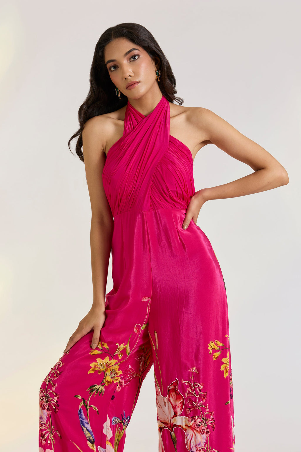 Crepe Pink Floral Draped Jumpsuit by Ewoke with Crepe, destination wedding outfits, festive, Hot Pink, jumpsuit, Nostalgia's Thread by Ewoke, printed jumpsuit, sustainable fashion, wedding dress, Wedding wear at Kamakhyaa for sustainable fashion