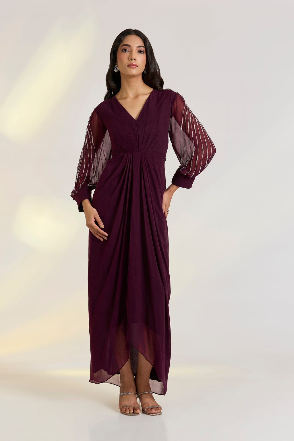 Georgette Orla Dress by Ewoke with destination wedding outfits, draped gowns, festive, Georgette, Nostalgia's Thread by Ewoke, sustainable fashion, wedding dress, Wedding wear, Wine, wine gown at Kamakhyaa for sustainable fashion