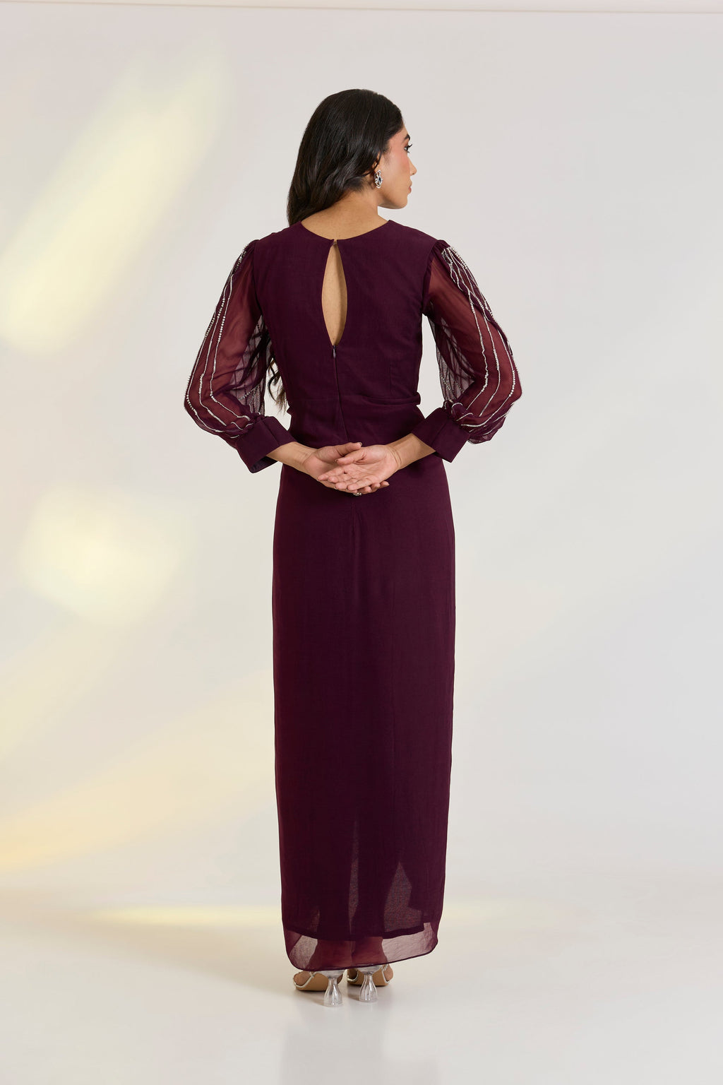 Georgette Orla Dress by Ewoke with destination wedding outfits, draped gowns, festive, Georgette, Nostalgia's Thread by Ewoke, sustainable fashion, wedding dress, Wedding wear, Wine, wine gown at Kamakhyaa for sustainable fashion
